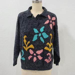 Vintage multicolor pastel flower grey polo sweater